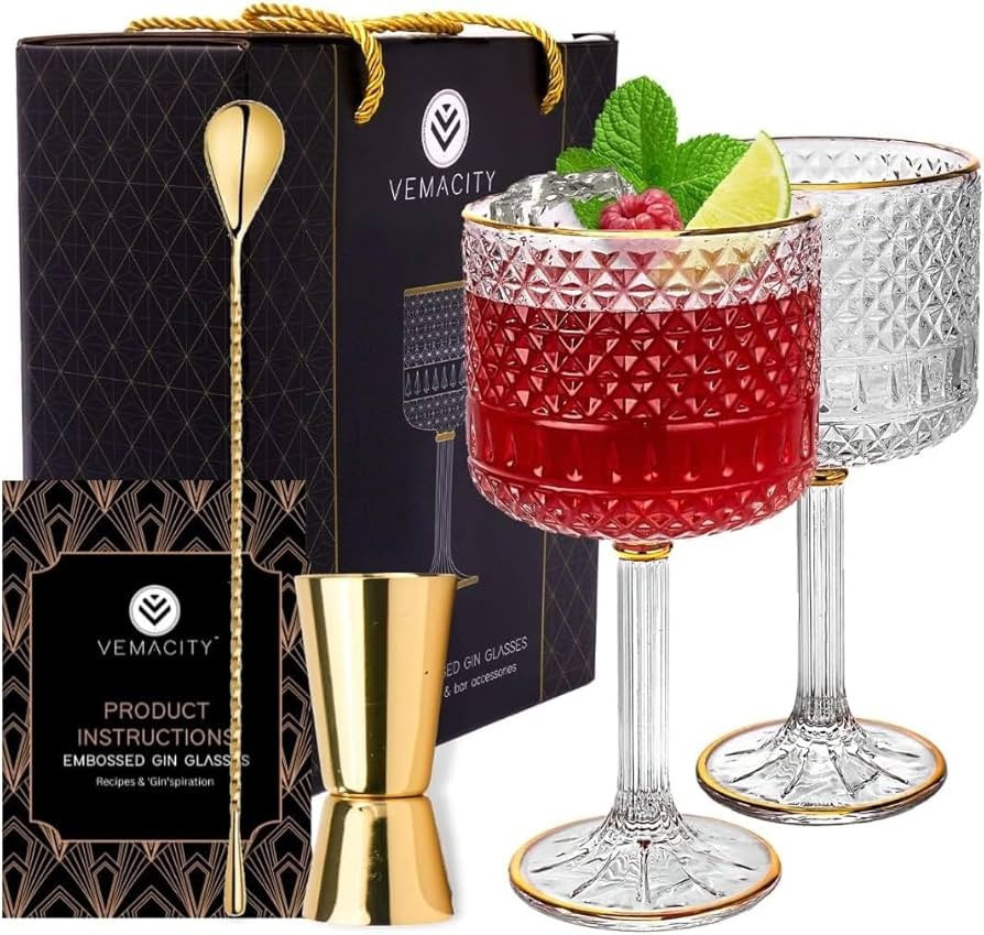 Vemacity Luxuriöses Gin Gläser 2er Set | 2 Geprägte Gin Tonic Gläser mit Goldrand (500ml) | G... | Amazon (DE)