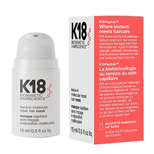 K18 Leave-In Molecular Repair Hair Mask, Patented, Lasting Repair For Dry, Frizzy, Damaged Hair, Reverse Damage In 4 Minutes From Bleach, Color, Chemical Services + Heat | Amazon (US)