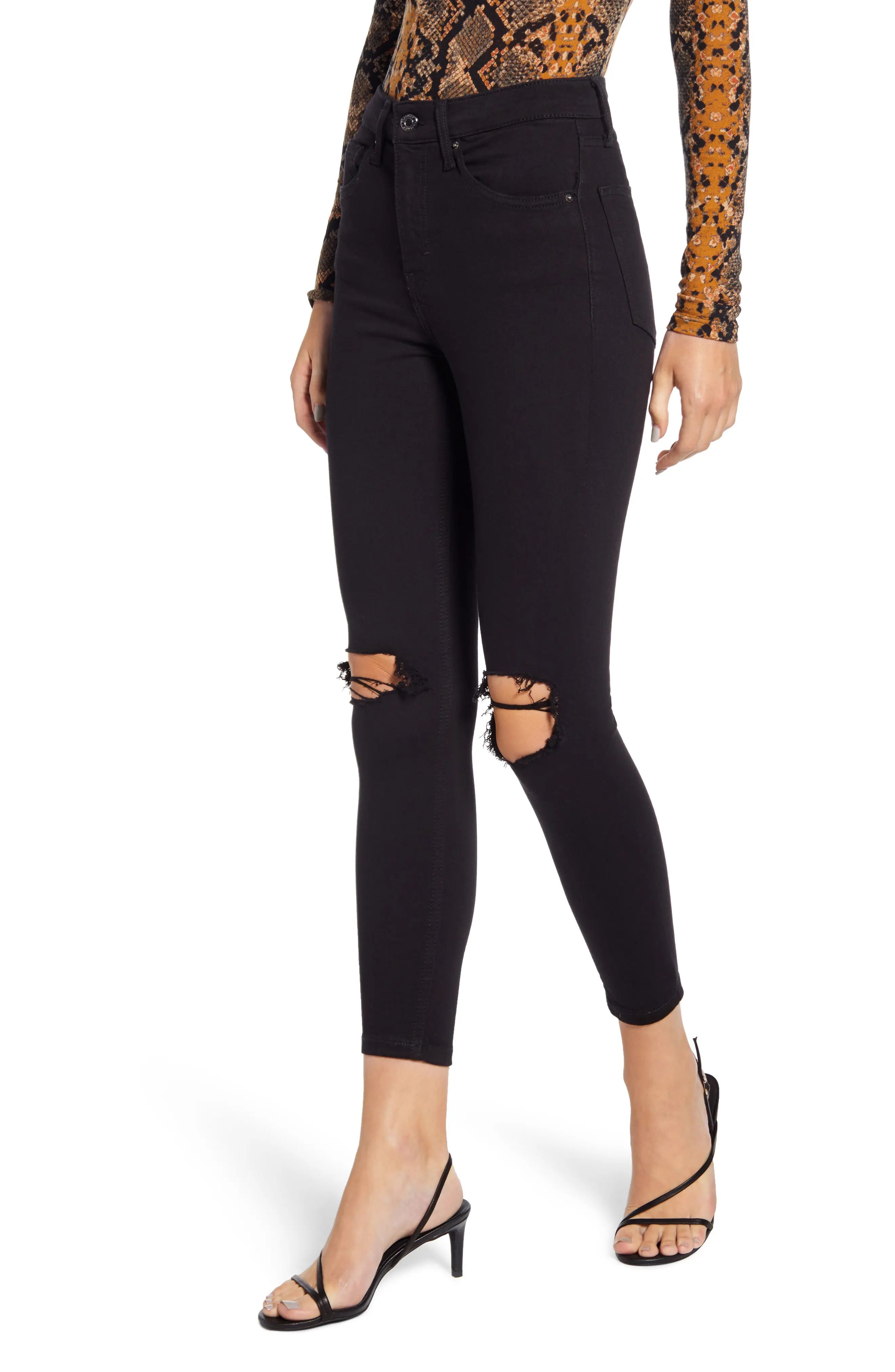 Topshop Jamie High Waist Ripped Skinny Jeans, Size 36 in Black at Nordstrom | Nordstrom