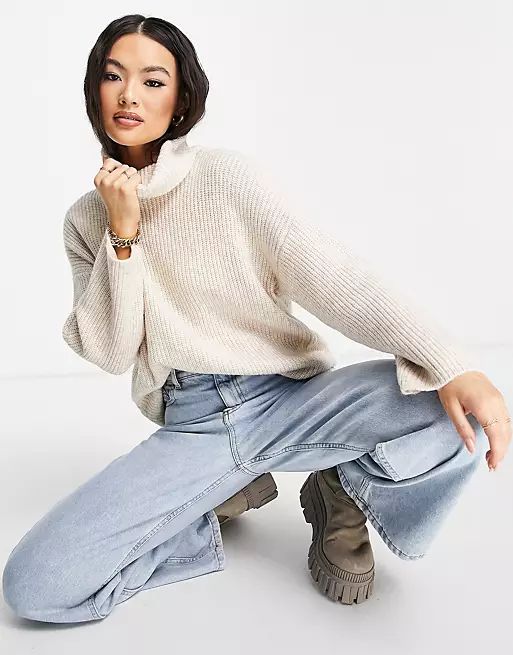 ASOS DESIGN sweater in rib with high neck in oatmeal - BEIGE | ASOS | ASOS (Global)