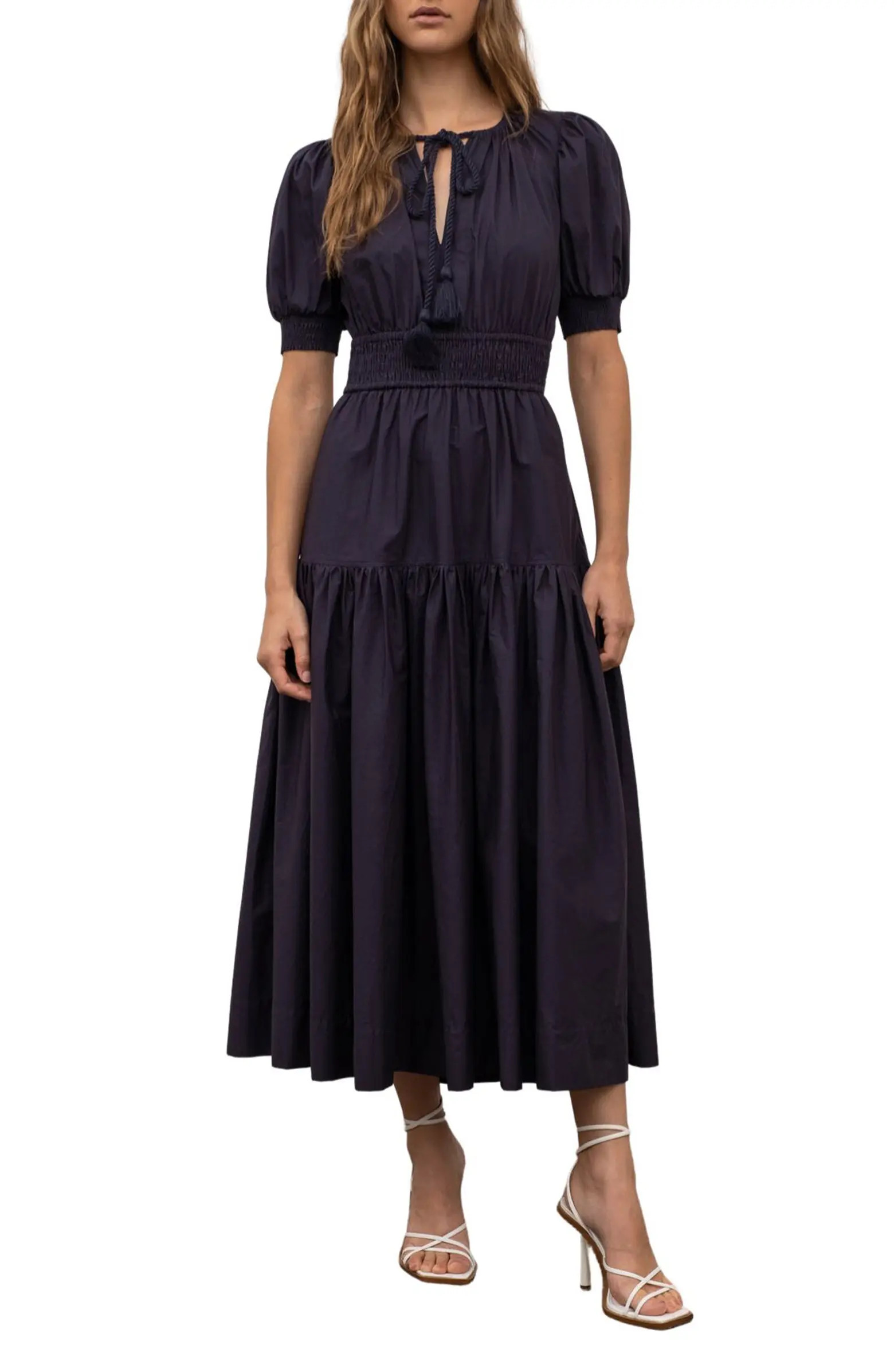 Tie Neck Cotton Blend Midi Dress | Nordstrom