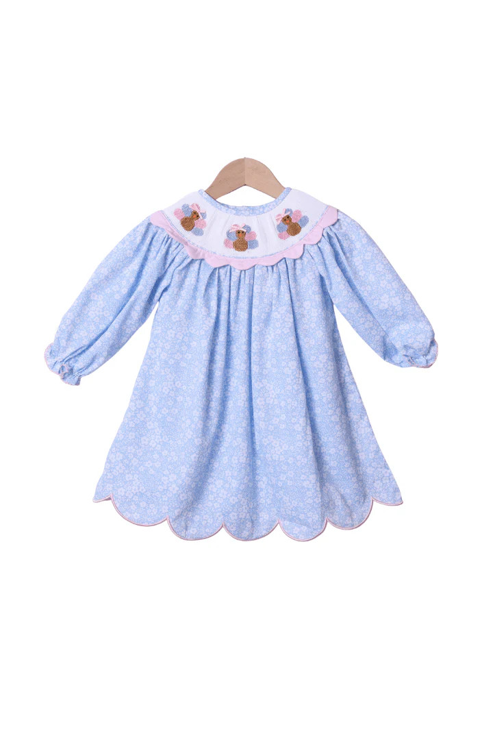 Smocked Turkey Blue Floral Scalloped Dress | The Smocked Flamingo