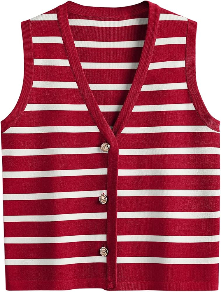LILLUSORY Summer Vest Tops for Women 2025 Striped Sweater Vests Vacation Button Up Outfits Spring... | Amazon (US)