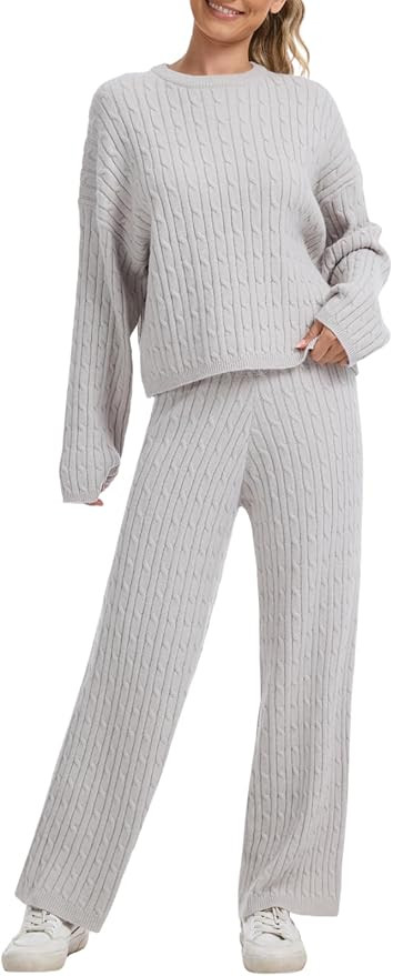 AnotherChill Women's Cable Knit Sweater Lounge Set – Long Sleeve Pullover Top with Wide Leg Pan... | Amazon (US)