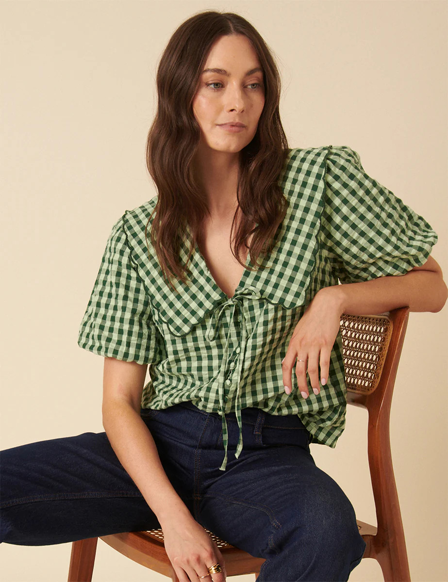 Green Gingham Short Sleeve Birdie Blouse | Nobody's Child
