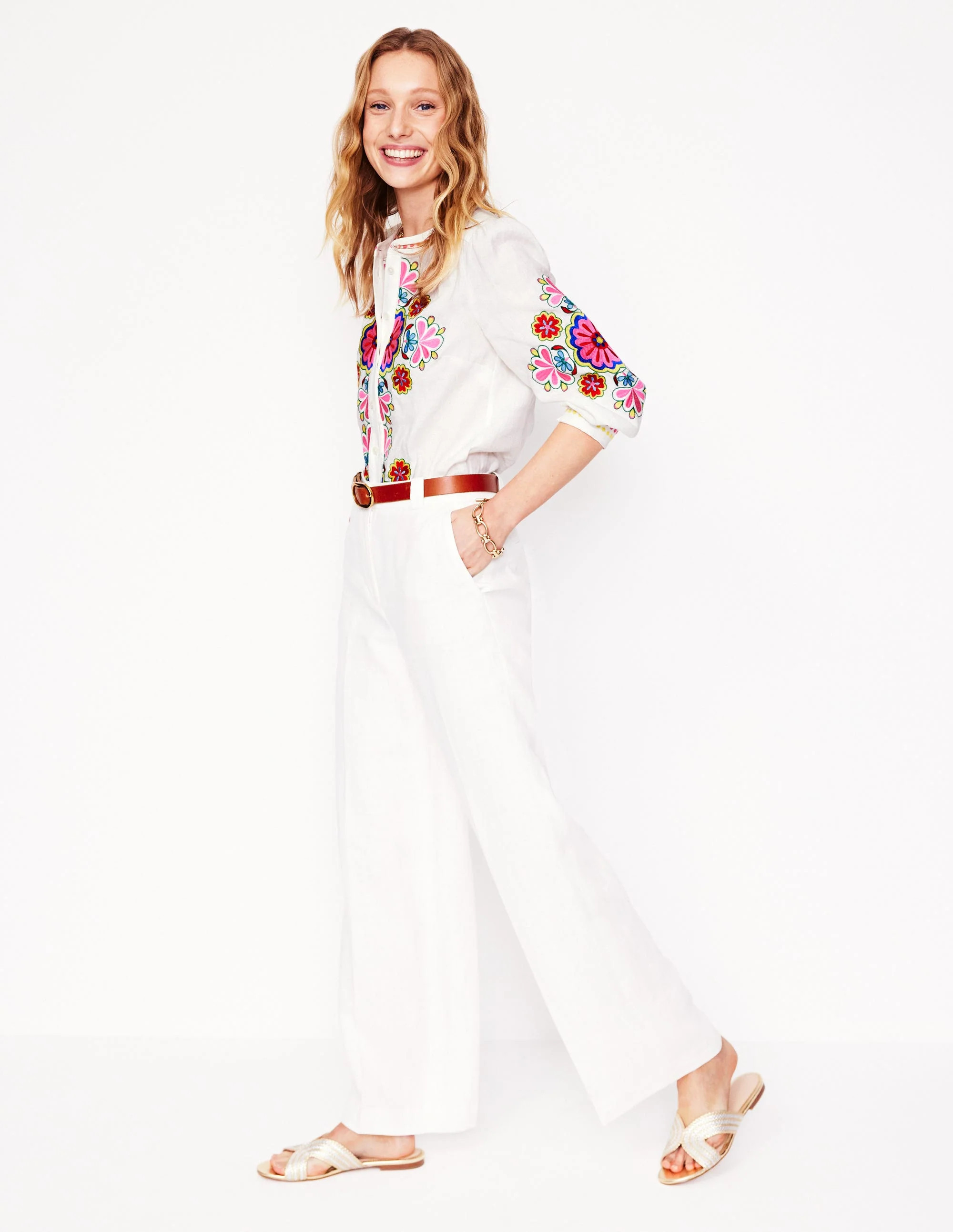Alicia Linen Top-White, Floral Embroidery | Boden (US)