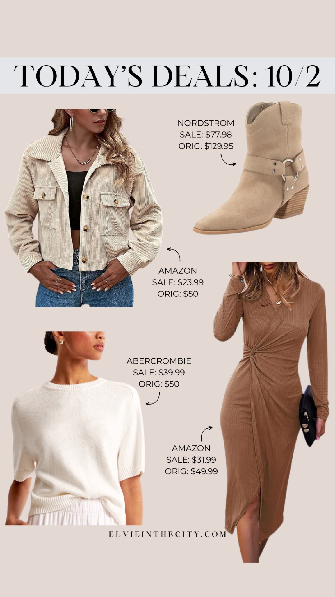 Today’s deals include a cropped corduroy jacket from Amazon, western boots from Nordstrom, a crewneck sweater tee from Abercrombie, and a long sleeve twist waist dress from Amazon.

Ootd, deal of the day, fashion over 40, wedding guest dress, fall jacket, fall boots

#LTKFindsUnder50 #LTKStyleTip #LTKSaleAlert