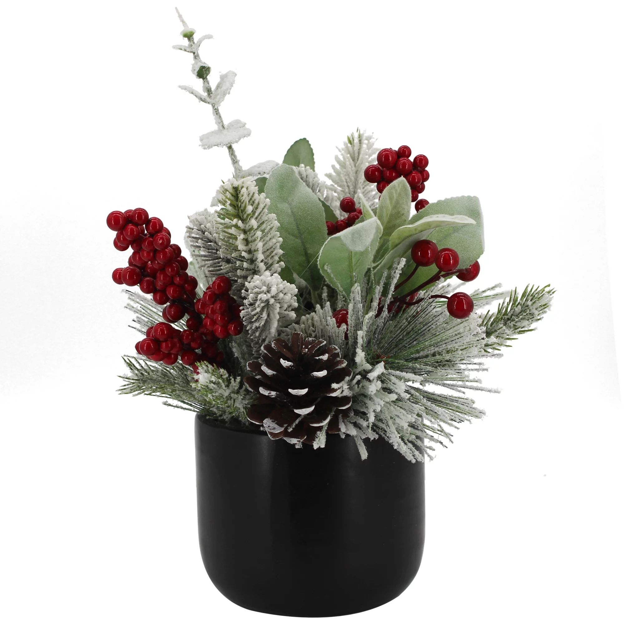 Holiday Time 12” Christmas Artificial Floral Arrangement in Black Ceramic Vase, Green - Walmart... | Walmart (US)