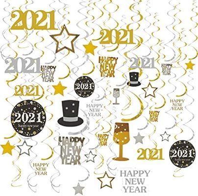 GOER 2021 New Year Festival Party Supplies 31 Pcs Hanging Swirl and Celebration Card,Gold and Bla... | Amazon (US)