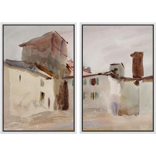 MUDECOR Framed Canvas Print Wall Art Old Town Facades Watercolor Vintage European Houses Nature Wilderness Illustrations Realism Decorative Scenic for Living Room, Bedroom, Office - 16"x24"x2 White | Amazon (US)