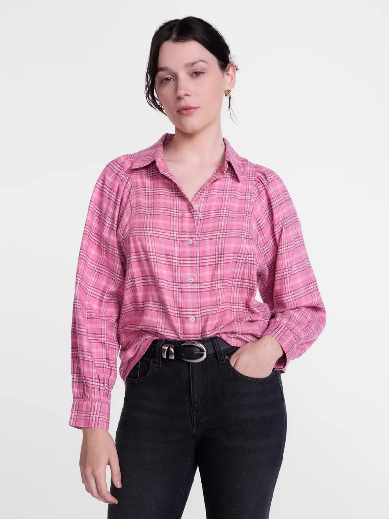 Scenario Women's Plaid Shirt with Long Puff Sleeves, Sizes XS-XXXL | Walmart (US)