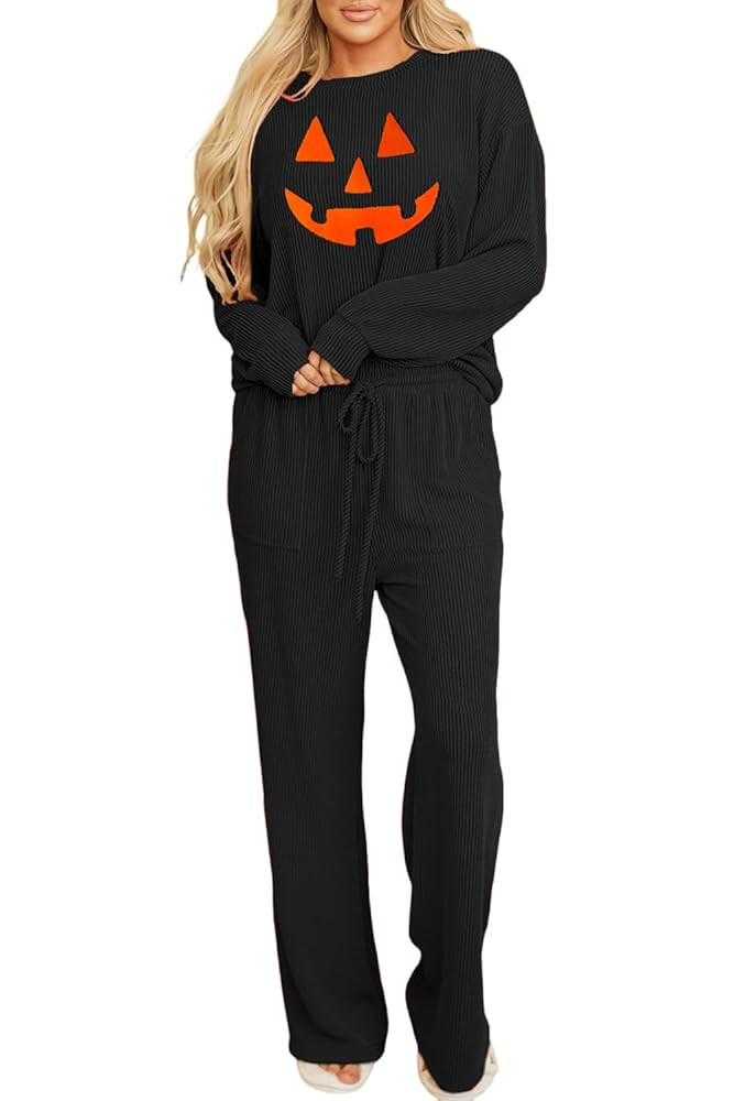 Women Pajamas Set Loungewear Ribbed Long Sleeve Top and Pants with Pockets Lounge Sweatsuit Set | Amazon (US)