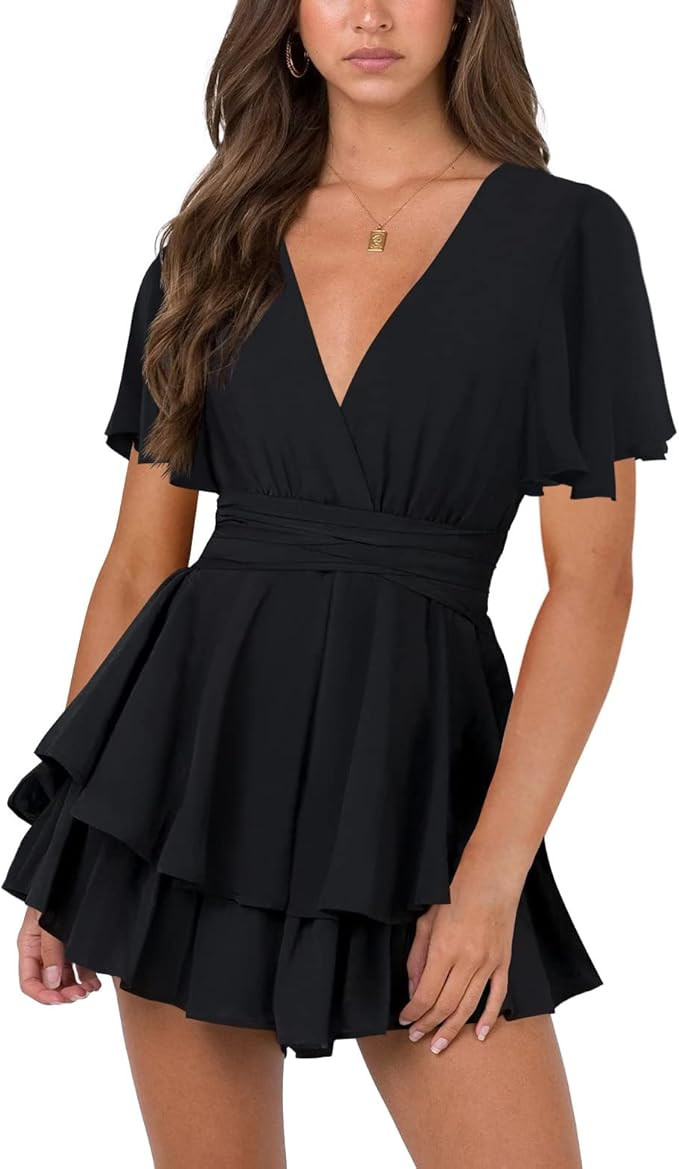 Nova In Sky Womens Sexy V Neck Long Baggy Sleeve Tie Waist Ruffle Hem Flowy Swing Mini Short Wrap... | Amazon (US)