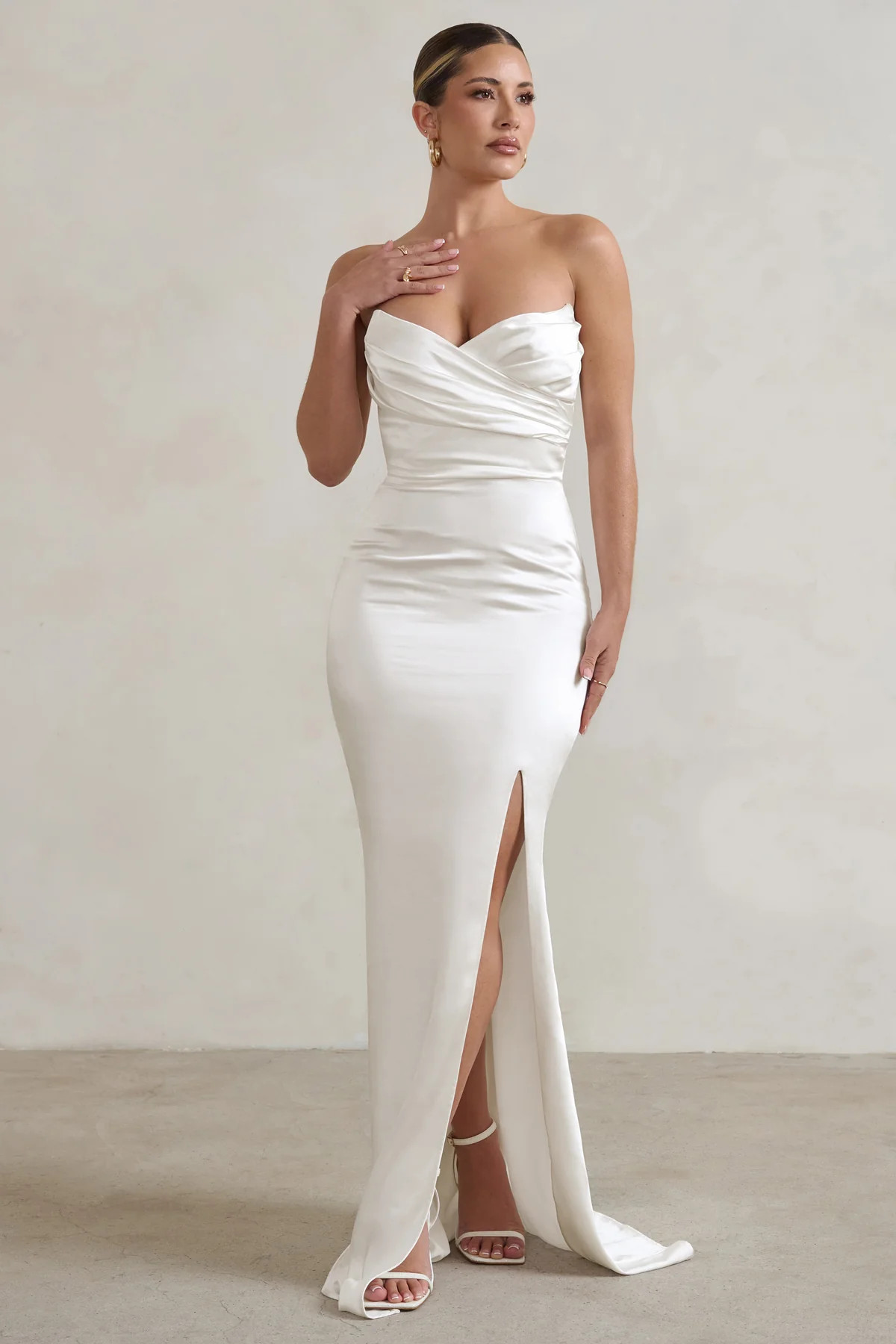 Coraline | White Strapless Maxi Dress With Split | Club L London