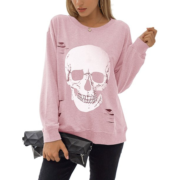 Anbech Women's Skull Sweatshirt Graphic T Shirts Long Sleeve Top Pullover Halloween Sweaters | Walmart (US)