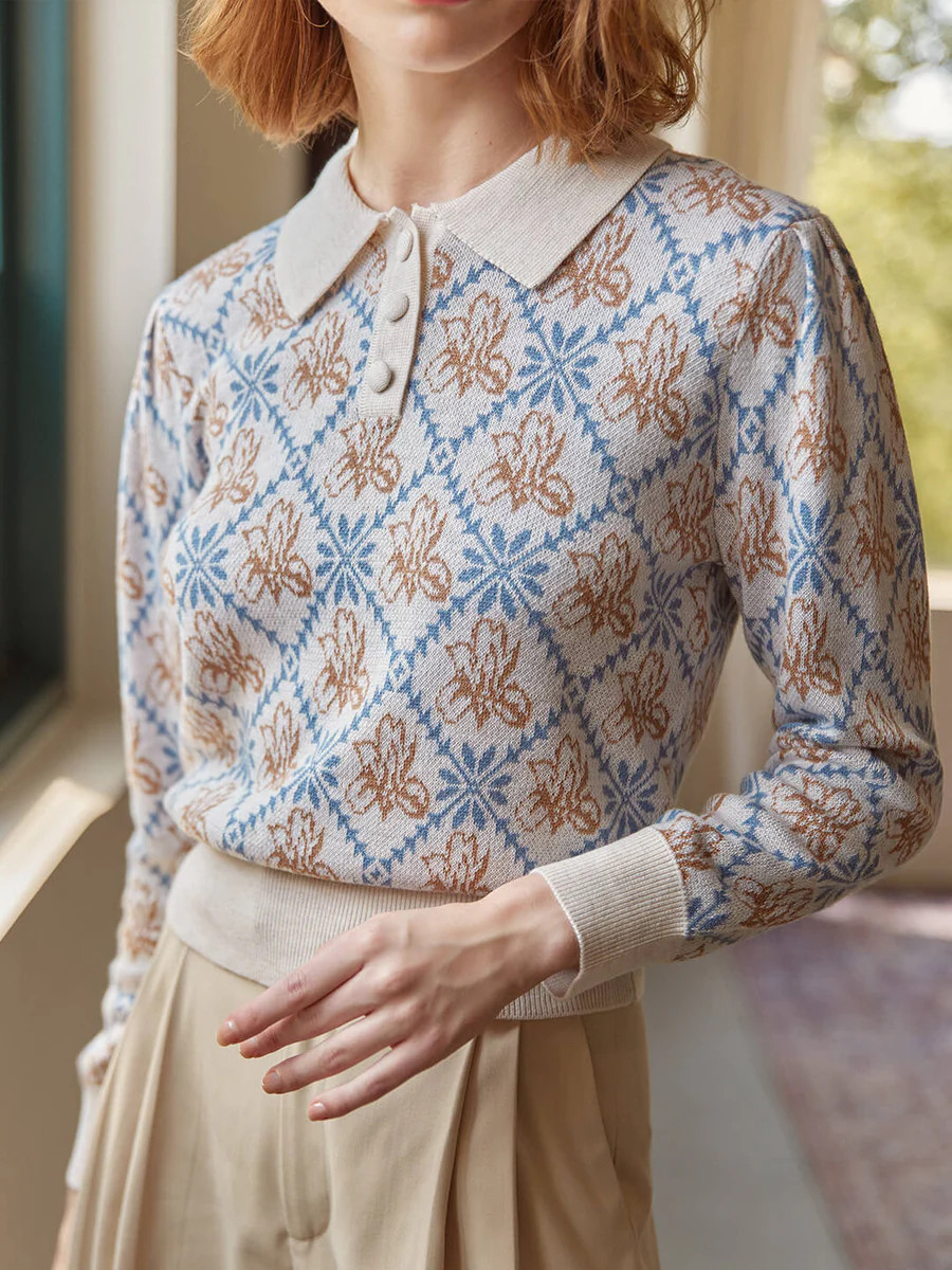 Ariana Iris Floral Patterned Long Sleeves Knit Sweater | SimpleRetro