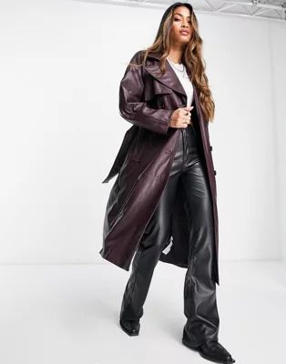Bershka faux leather trench coat in burgundy | ASOS (Global)