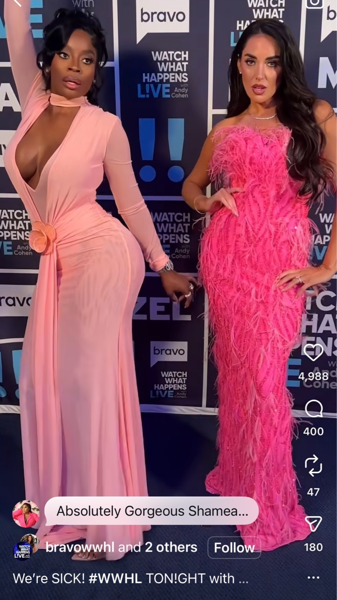 @shameamorton and @therosiewoods appeared on @bravowwhl tonight with #shameamorton in a $2,280 @davidkomalondon lace flower gown, while Rosie wore a $1,200 @ashleylauren feather gown. Hot! Or Hmm..?

📸: Bravo/IG Reproduction

#shameamortonstyle #davidkoma #fashionbombdaily #fbdaily #ashleylauren