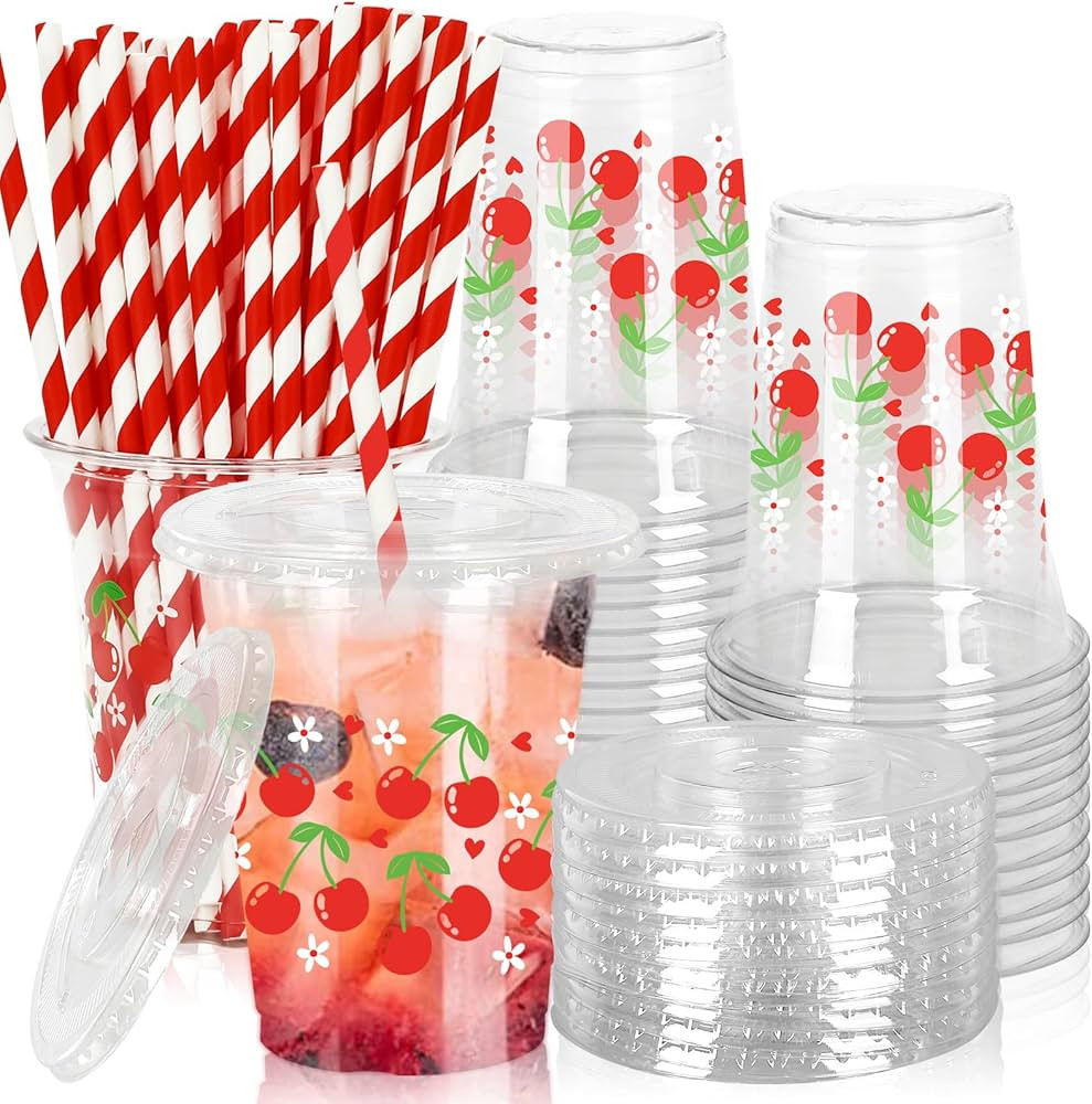 50Pcs Cherry Plastic Cups with Lids and Straws Red Cherry Flower Heart Clear Plastic Cups 12oz Di... | Amazon (US)