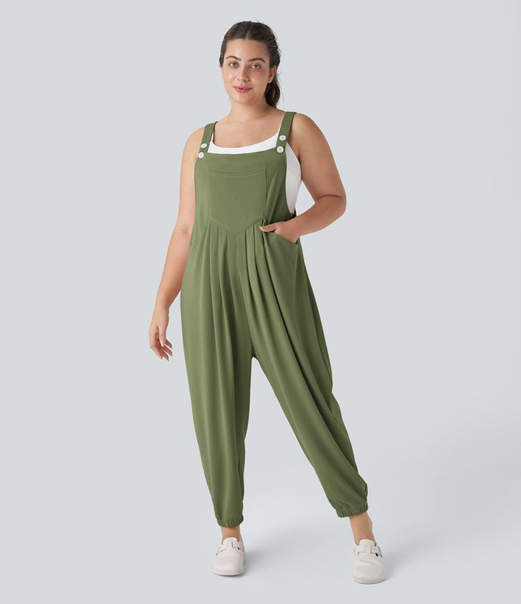 Women’s Adjustable Strap Button Multiple Pockets Waffle Casual Plus Size Jogger Overalls - Hala... | HALARA