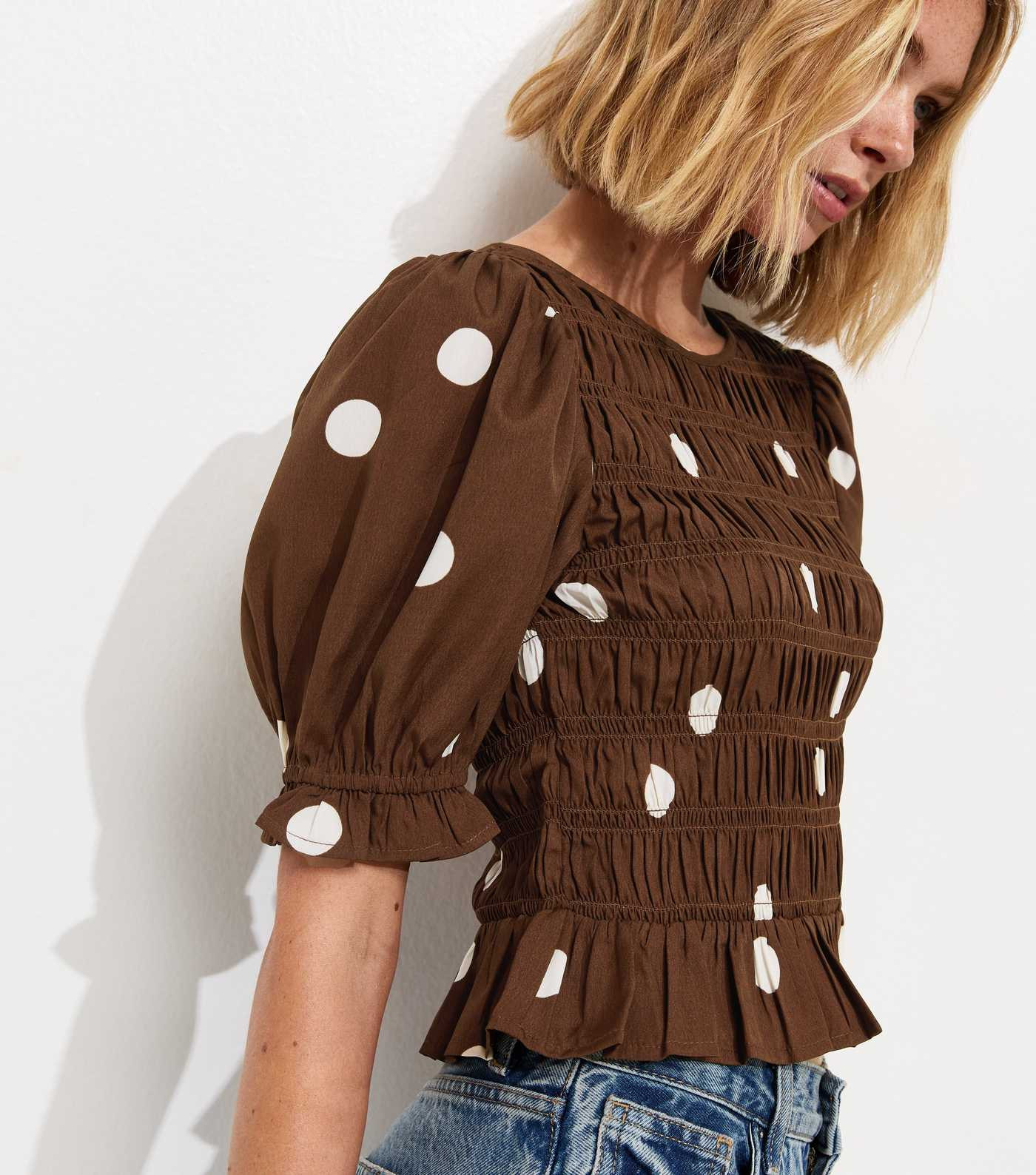 Brown Crepe Spot Print Shirred Top | New Look | New Look (UK)