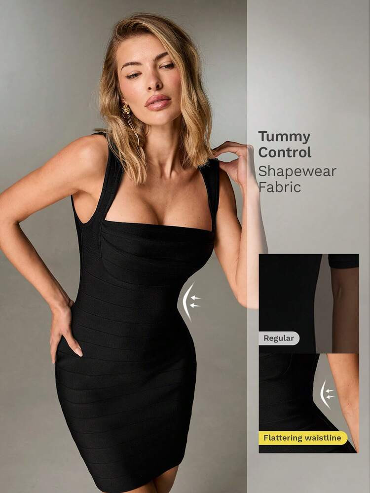 Nuvra Women's Sexy Solid Color Backless Tie Strap Square Neck Bodycon Mini Dress, Summer | SHEIN