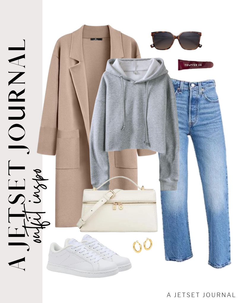 For a gray cropped hoodie from Amazhiyu and Levi’s ribcage straight ankle jeans combo, you can wear an almond LILLUSORY long cardigan sweater. This white DAILANDO top-handle purse and Reebok Shadoray sneakers complement the fit. Finish this chic look with these sovesi chunky hoop earrings and Tower 28 LipSoftie Tinted Lip Balm Treatment. 

 #LTKSeasonal #LTKSaleAlert #LTKTravel