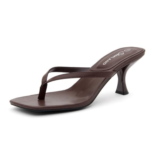 Shoe Land Kitten Heels for Women, Square Open Toe Thong Sandals, Slip On Heeled Sandals, Flip Flop Style, Dressy Summer Heels for Party Date Night, Brown, Size 8.0, Benni | Amazon (US)