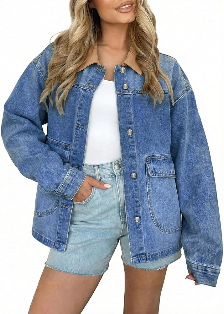 EVALESS Women's Oversized Jean Jacket Button Down Contrast Trim Barn Jackets Trendy Boyfriend Den... | Amazon (US)