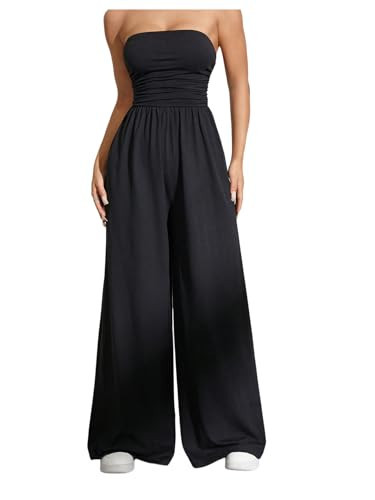 OYOANGLE Women's Strapless Jumpsuits Ruched Wide Leg Tube Romper Vacation Going Out Summer Outfits Black Medium | Amazon (US)