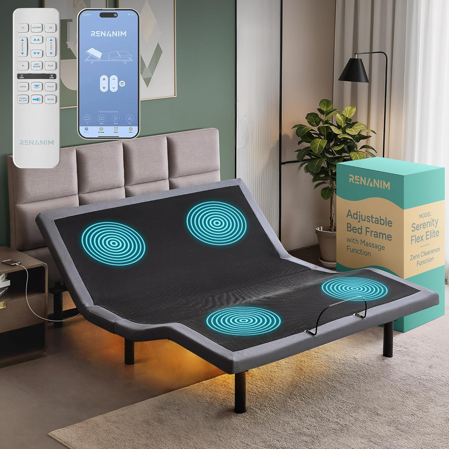 SFE Cal King Adjustable Bed Frame - Zero Clearance Smart Frame, Electric Massage, Wireless Remote for Head & Foot Lift, 3 Height-Adjustable Legs - Zero Gravity - Underbed Lights & 4 USB Ports | Amazon (US)