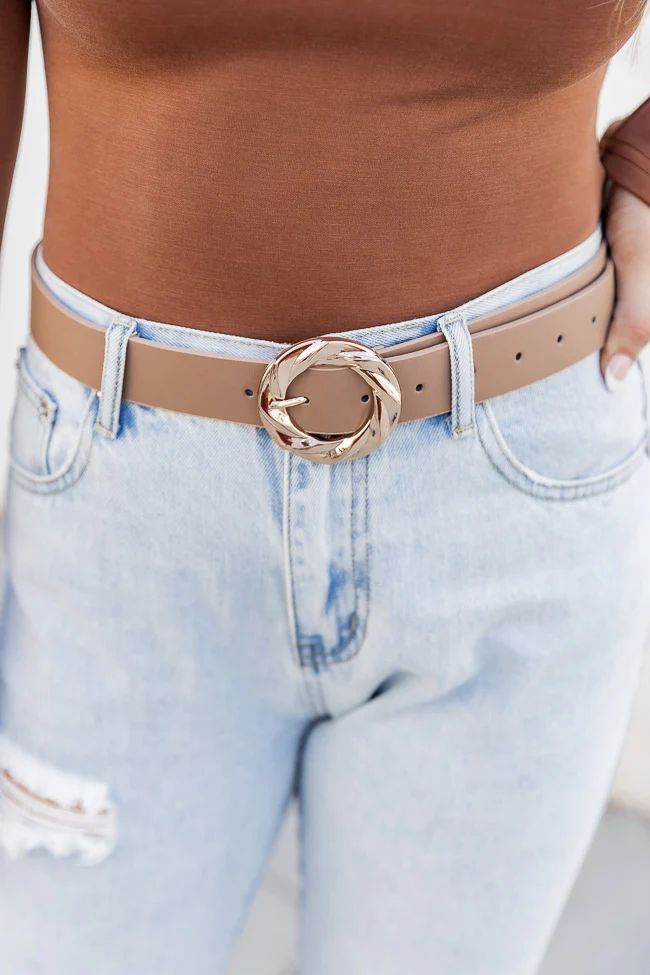 In The Works Taupe Circle Buckle Belt | Pink Lily