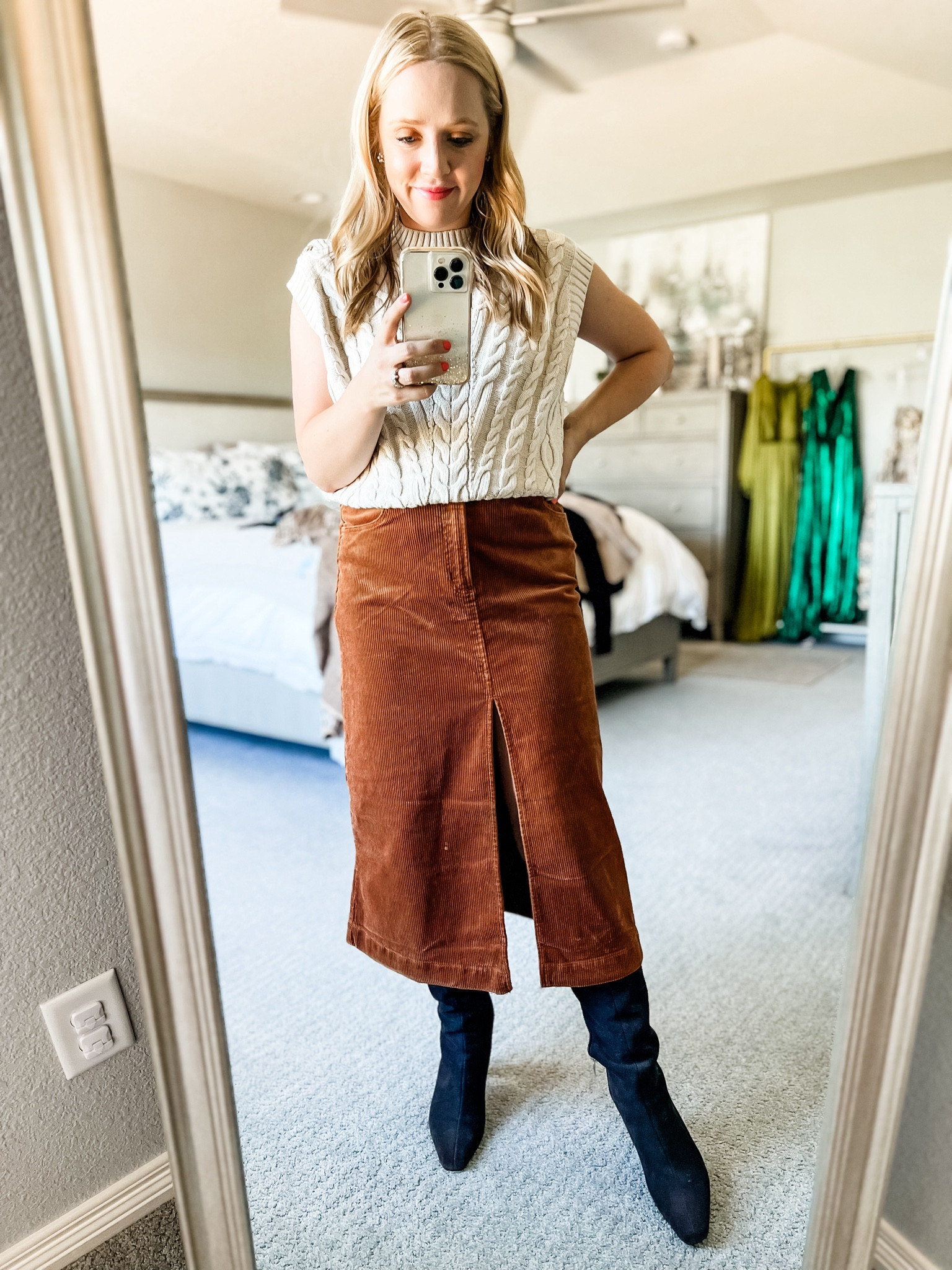 Love a corduroy skirt for fall and I love the front slit on this skirt! Cable sweater and corduroy skirt are petite and fit tts.
Fall outfit, petite, cable sweater, corduroy, fall outfits, skirts, outfits for fall, loft. 

#LTKSaleAlert