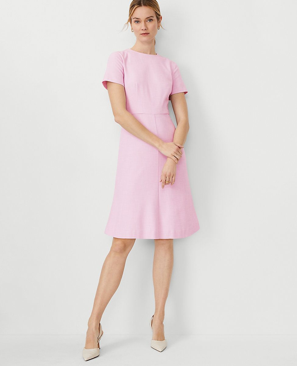 The Petite Crew Neck Flare Dress in Crosshatch | Ann Taylor (US)