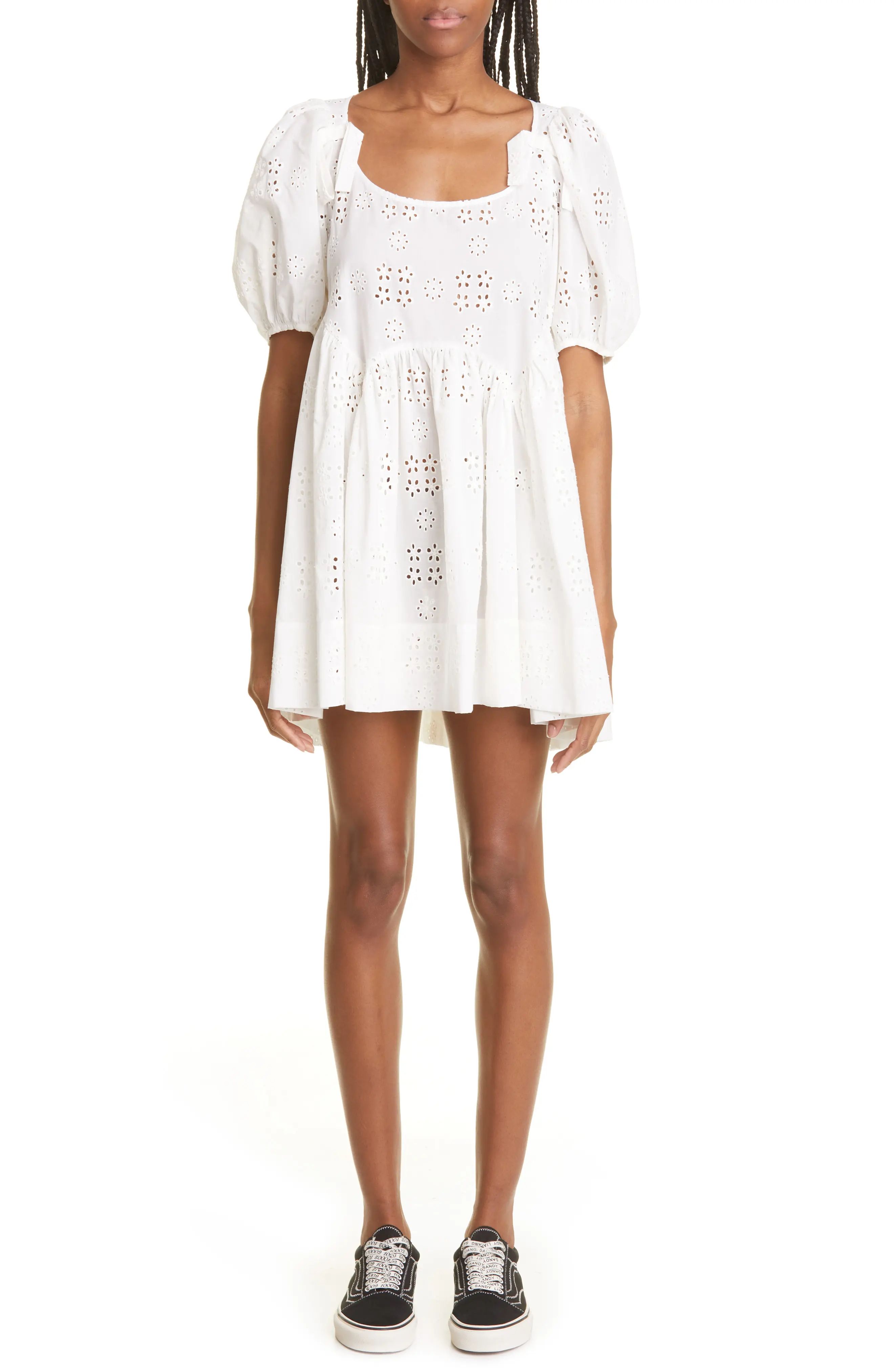 Sandy Liang Hugo Floral Eyelet Puff Sleeve Cotton Babydoll Dress in Eyelet White at Nordstrom, Size  | Nordstrom