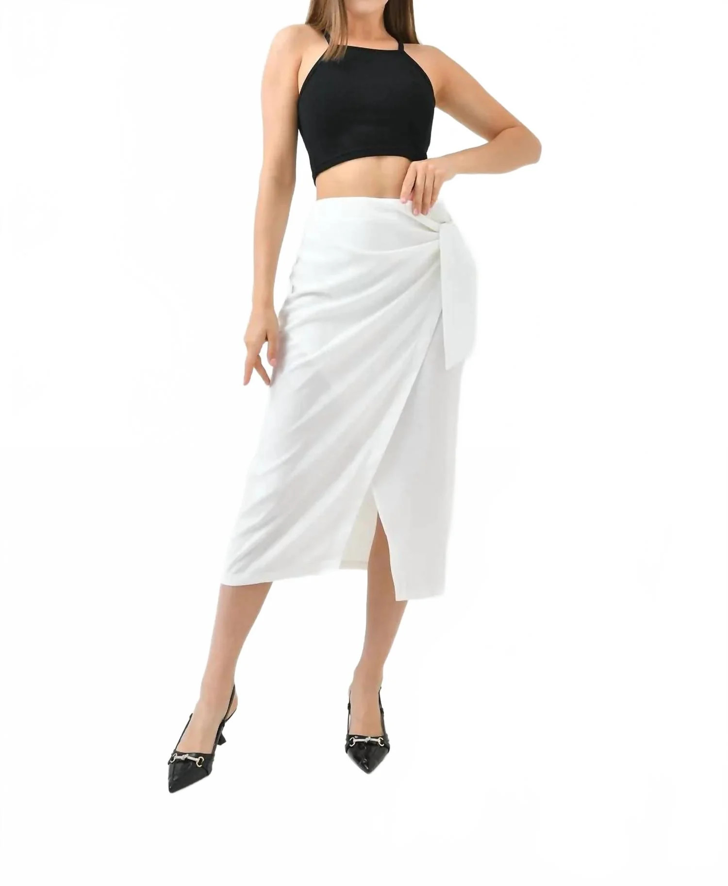 Tie Front Slit Midi Skirt In White | Shop Simon