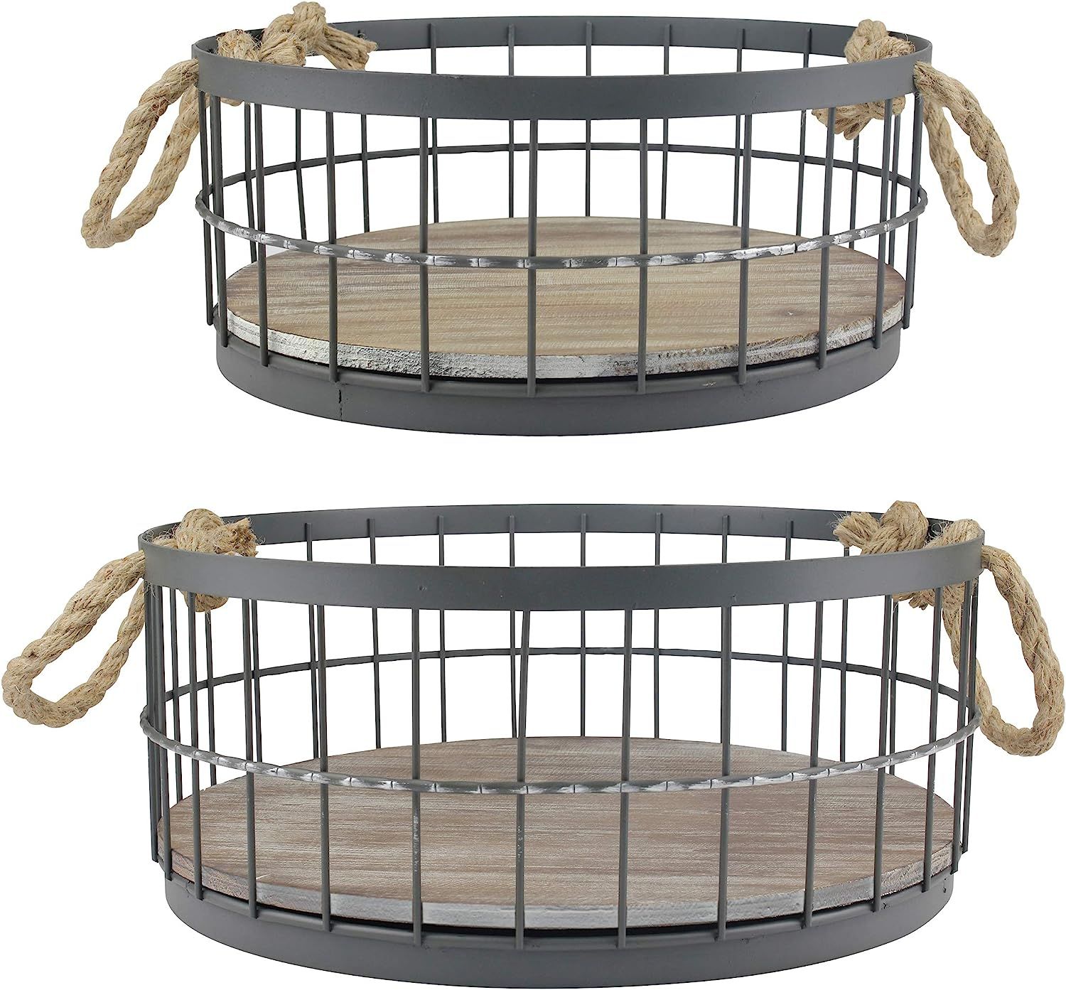 Stonebriar 2pc Round Stackable Metal Wire and Wood Basket Set with Rope Handles, Rustic Decor for... | Amazon (US)