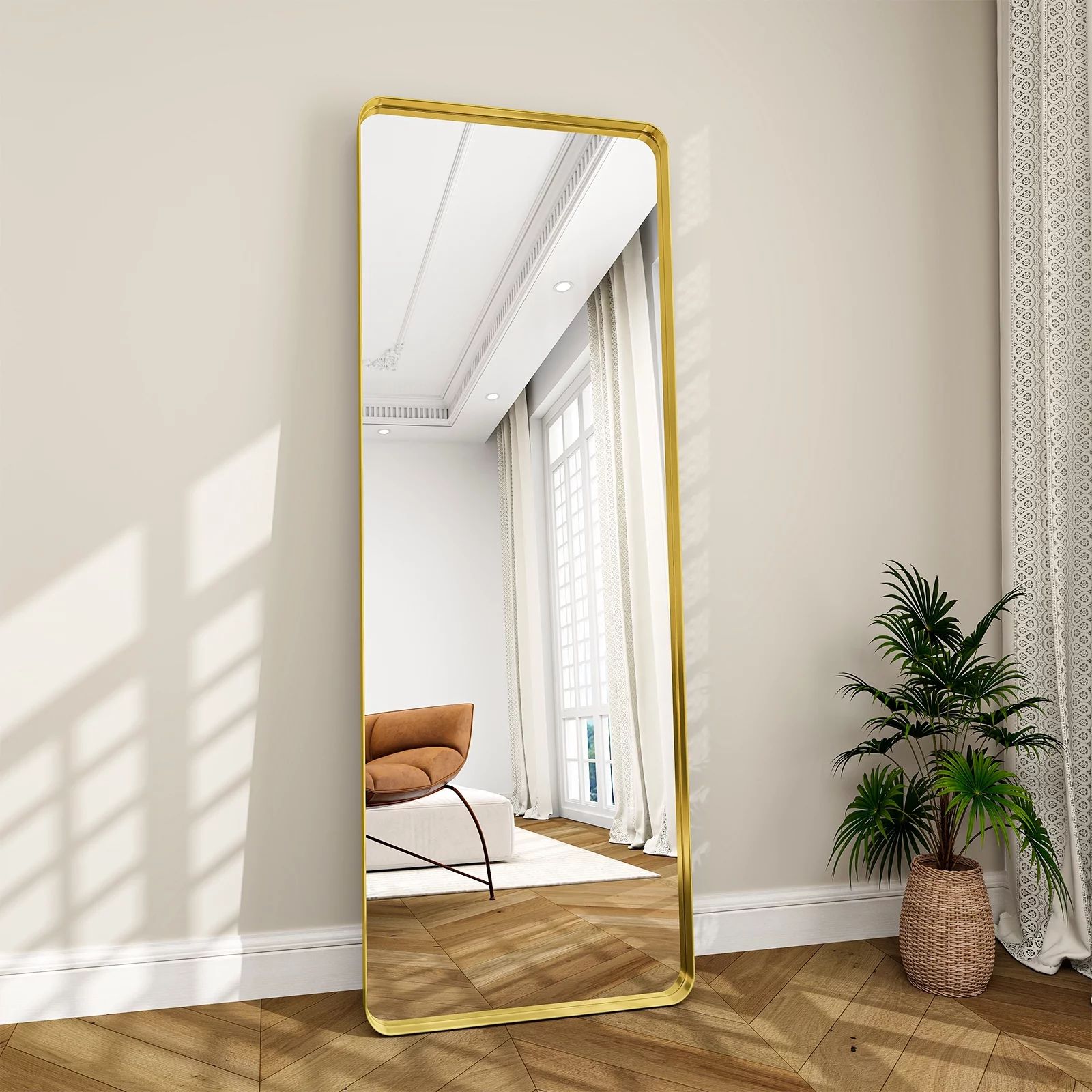 BEAUTYPEAK 64" x 21" Full Length Mirror Modern Round Corner Vanity Floor Mirror,Gold | Walmart (US)