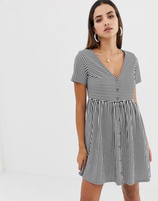 ASOS DESIGN mini v neck button through smock dress in stripe | ASOS US