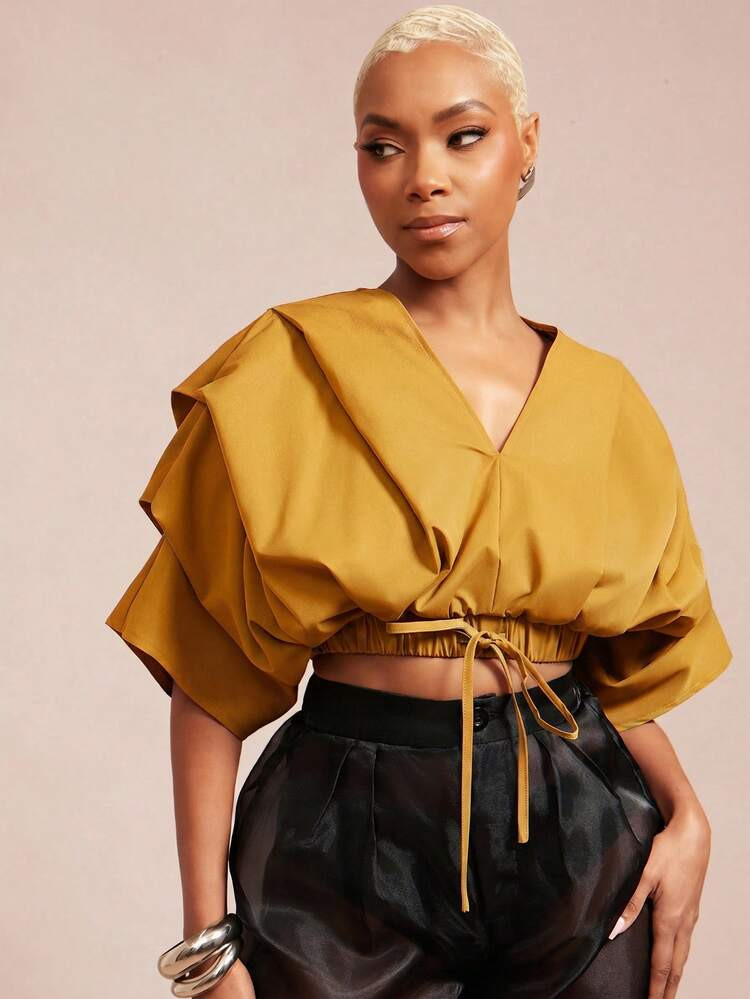 Vixey Solid Woven Pleated Structured Sleeve Drawstring Waist Top | SHEIN