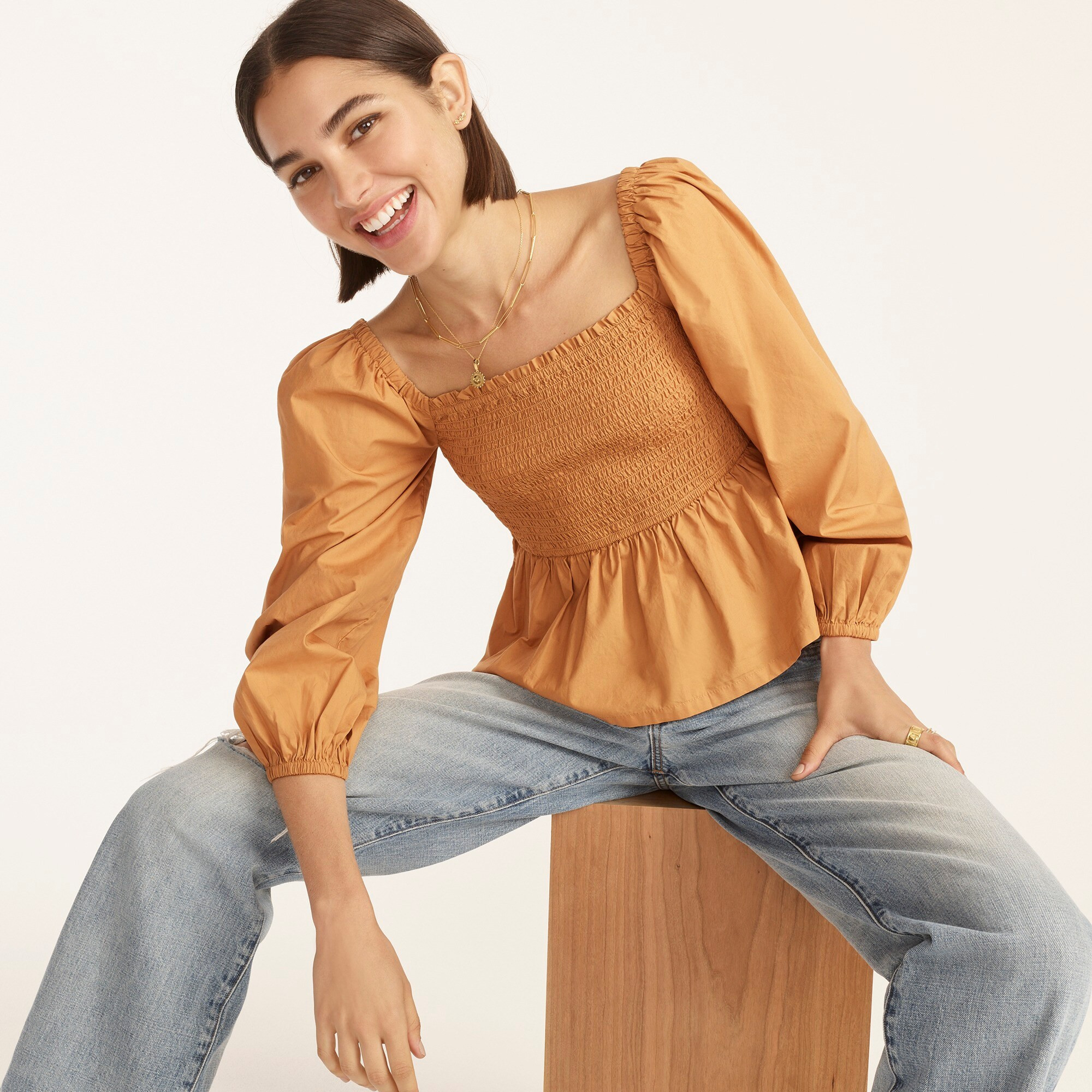 Puff-sleeve smocked cotton poplin top | J. Crew US