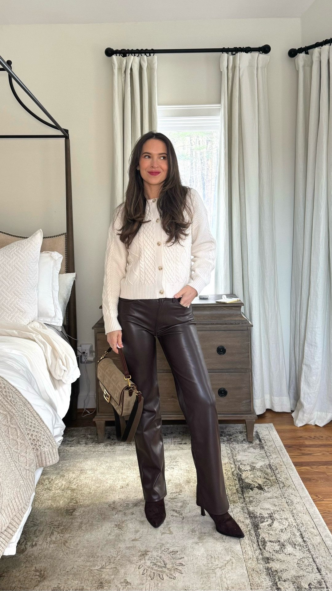 Easy elevated style. Both pieces run true to size, wearing XS in cable knit cardigan and 25R in brown leather pants. 

#LTKmomlife #LTKOver40 #LTKootd