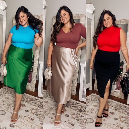 Work outfits should be anything but boring! ❤️ I love pairing a satin midi skirt with a bodysuit. It’s so simple and chic! Wearing an XL in all items shown!

Work outfit, office outfit, work style, midi skirt, satin midi, shirt sleeve, curvy style, size 12, midsize, blue and green outfit, red top, neutral outfit 

#LTKstyletip #LTKcurves #LTKFind