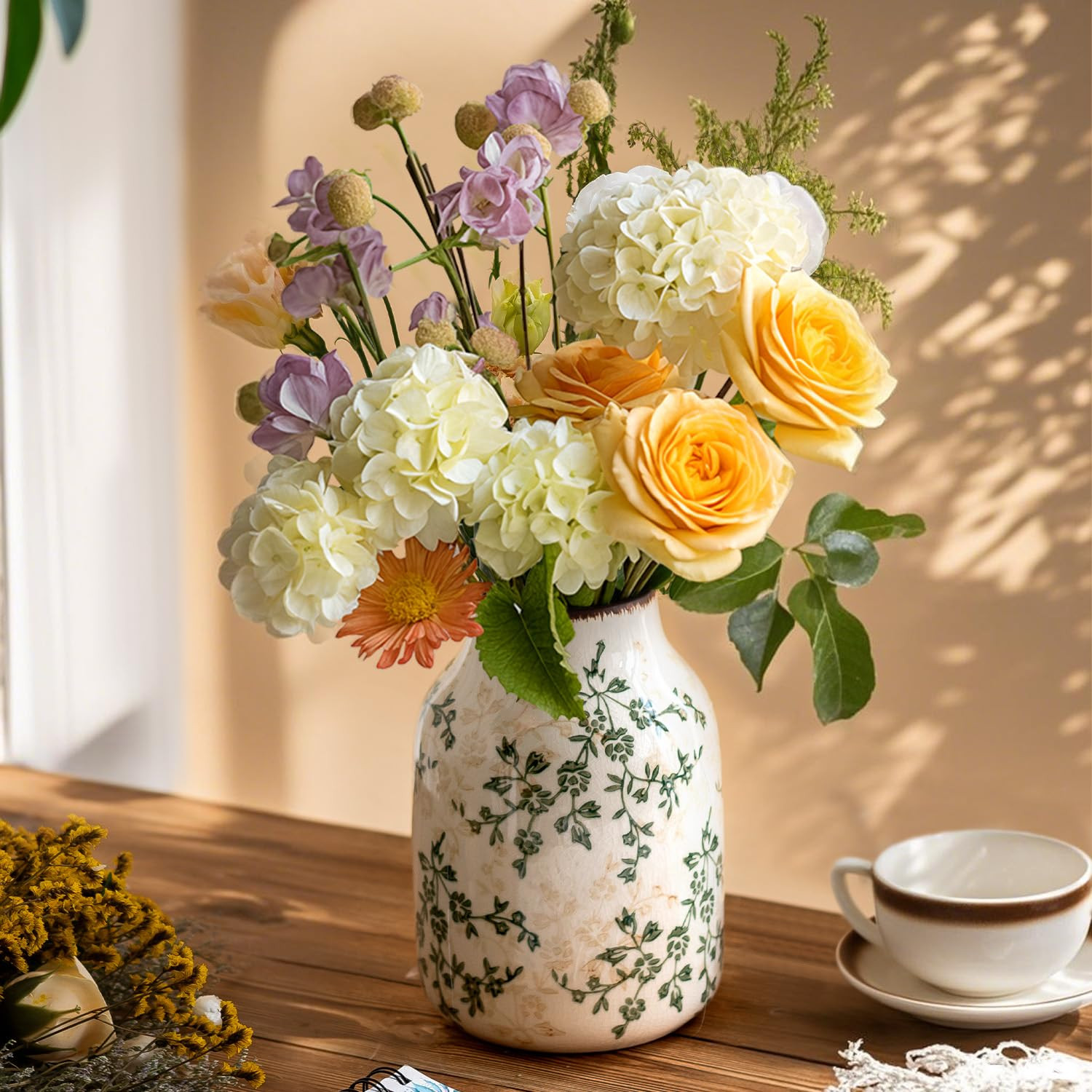 Green and Beige Vintage Vase, Crackle Finish Vase, Rustic Ceramic Large Vases for Home Decor, Liv... | Amazon (US)