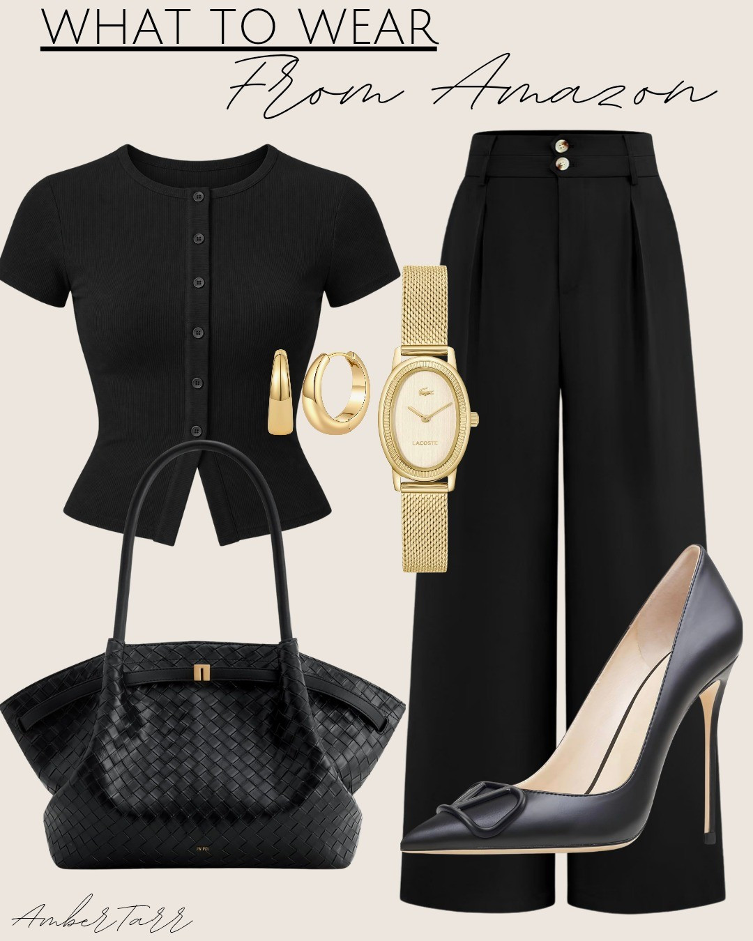 This button front top paired with wide leg trousers, a woven tote bag, pointed toe heels, gold hoop earrings, and a gold watch is such a sophisticated and polished outfit that feels effortlessly elegant and put together.

#LTKootd #LTKgrwm #LTKOver40