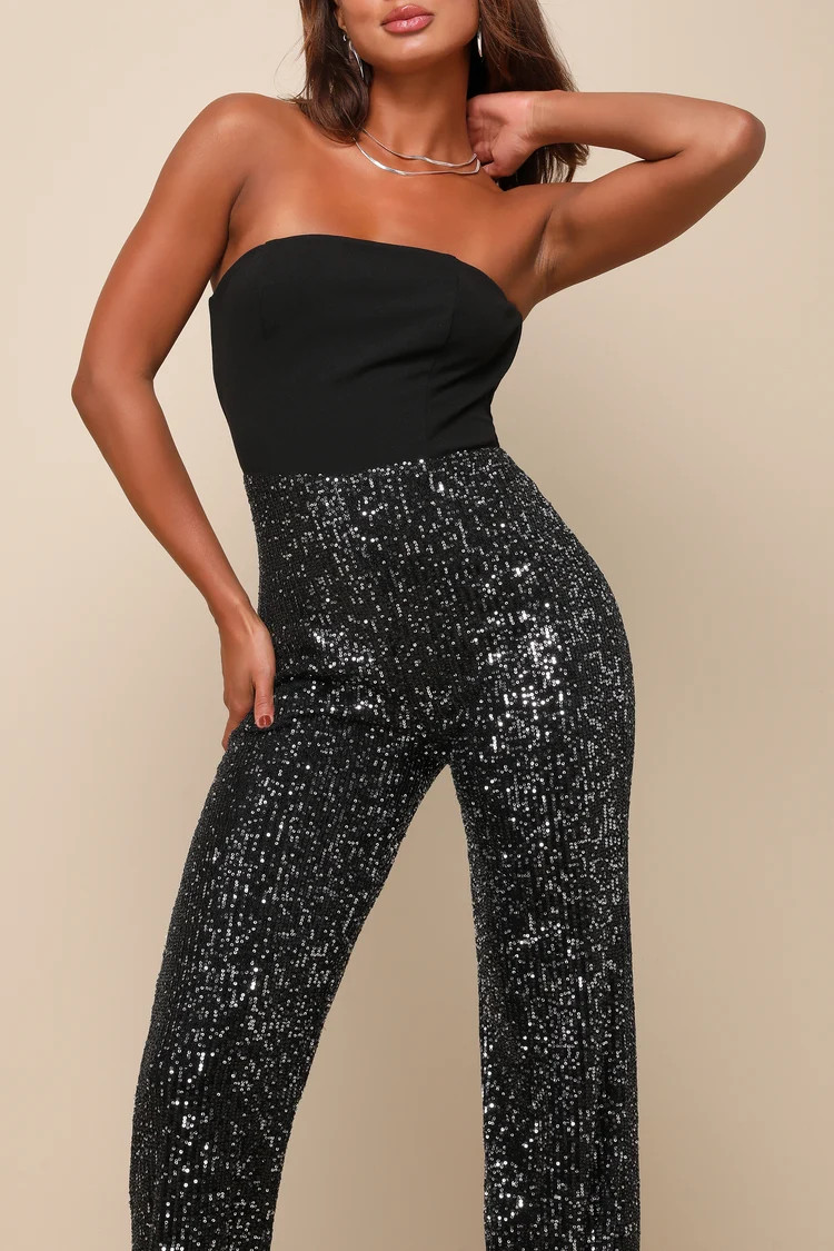Marvelous Fun Black Sequin Strapless Straight Leg Jumpsuit | Lulus (US)