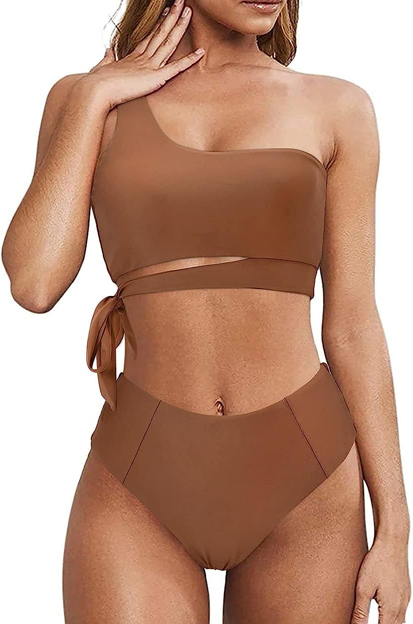 MOOSLOVER Women One Shoulder High Waisted Bikini Tie High Cut Two Piece Swimsuits | Amazon (US)