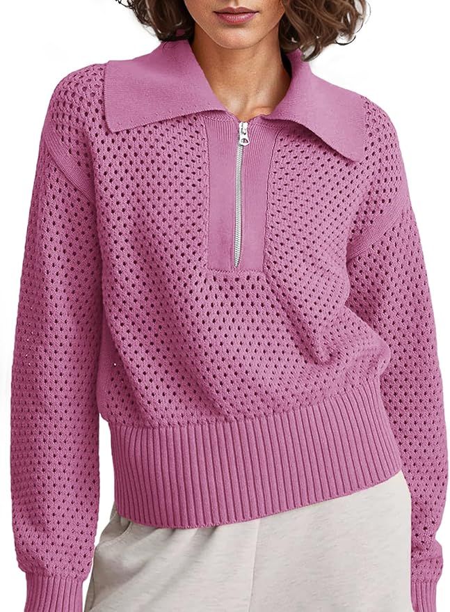 Women's Half Zip Pullover Sweaters Crochet Lapel Collar Long Sleeve Knit Solid Color Jumper Tops | Amazon (US)