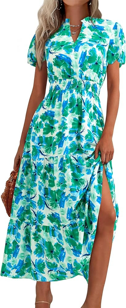 MASCOMODA Summer Maxi Dress for Women 2024 Casual V Neck Puff Short Sleeve Smocked Ruffle Flowy B... | Amazon (US)