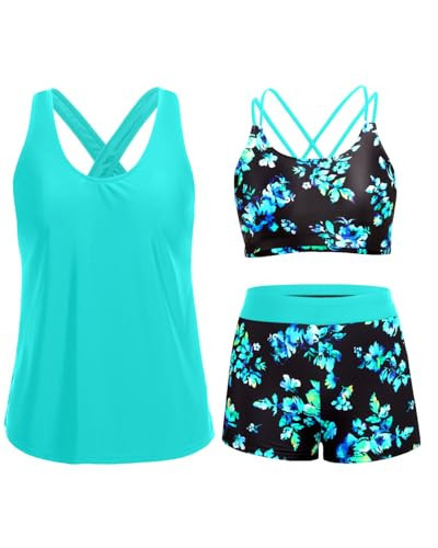 Holipick Aqua and Blue 3 Piece Tankini Swimsuits for Women Tummy Control Bathing Suits Swim Tank Top with Bra Boy Shorts Teen Swimwear XL | Amazon (US)